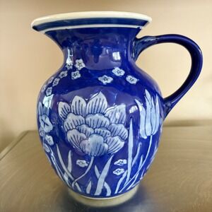 April Cornell Blue White Floral Ceramic Pitcher Vase Cobalt Tulip Daffodil 7in